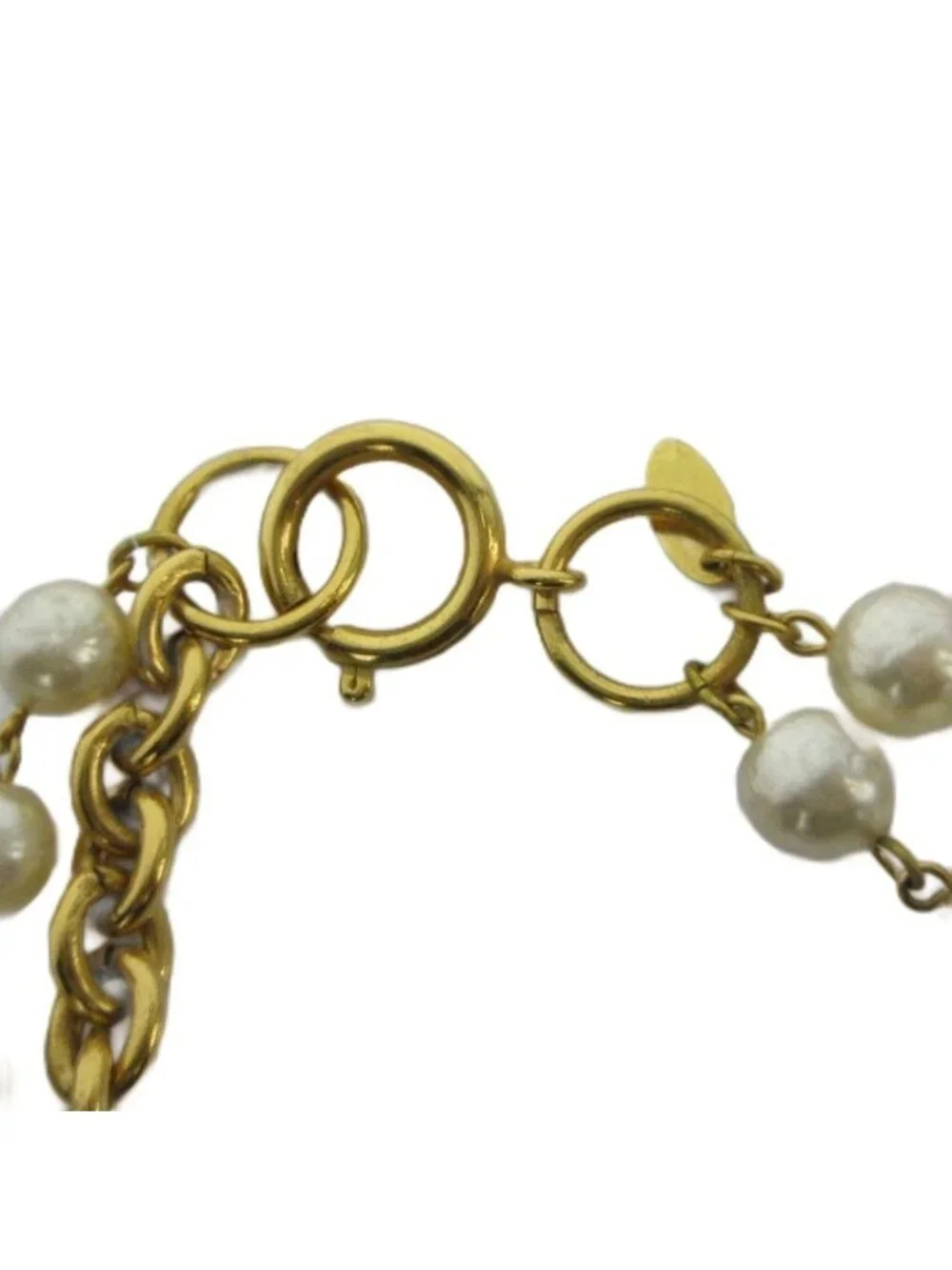 Chanel Necklace Logo Chain Faux Pearl Double Strand Gold